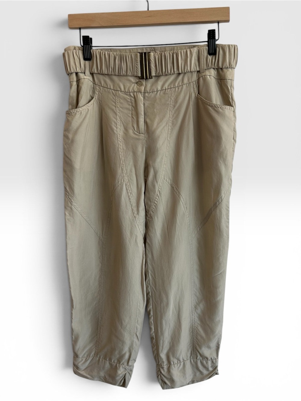 Bianca Nygard 100% Silk Beige Utility Crop Pants Size 6